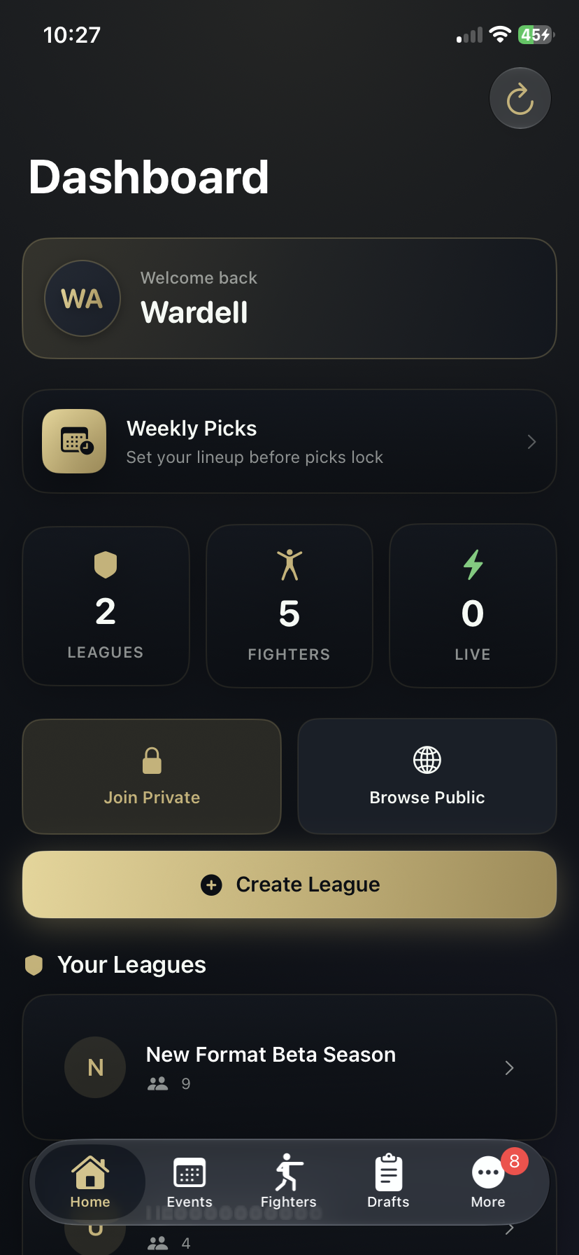 Fighter Fantasy iOS app showing the mobile fantasy-sports experience